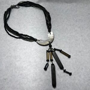 Unique Beaded 20" Necklace 6 Strand Crescent Moon Pendant Tassel Dangles Chunky